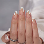 BTArtbox Press On Nails Almond - Designed White French Tip Press On Nails Short with Gold Foil, Glue On Nails for Winter Day Gifts, Stick On Nails in 16 Sizes - 30 Nail Kit, Tiny Gloden
