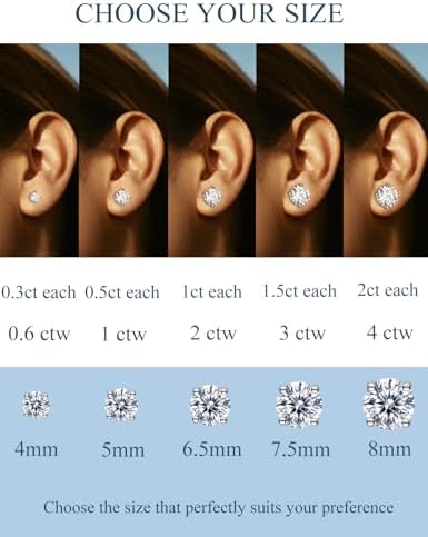 Moissanite Stud Earrings Hypoallergenic 925 Sterling Silver stud Earrings for Women Round Cut D Color VVS1 18K White Gold Plated Lab Created Moissanite Earrings for Women Men 0.3ct-2ct