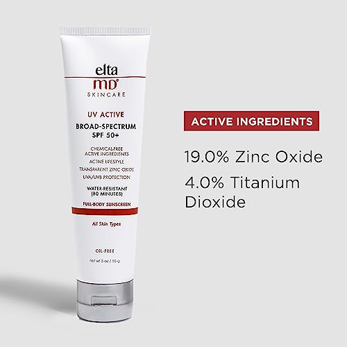 EltaMD UV Active Zinc Oxide Sunscreen, SPF 50+ Mineral Sunscreen Lotion, Formulated for Active Lifestyles and Full Body Sun Protection, Water Resistant Up to 80 Minutes, Oil Free, 3.0 Oz Tube