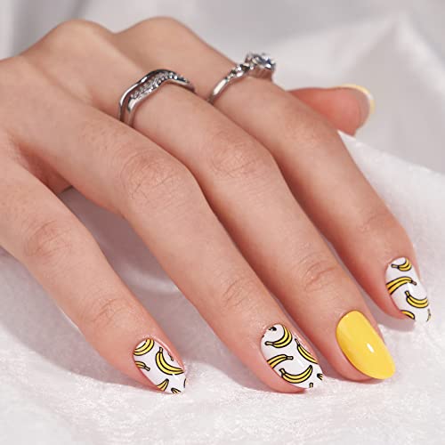 BTArtbox Press On Nails Short - Fall Fake Nails with Glue Yellow Reusable Glue On Nails in 15 Sizes, Cute Stick On Nails Kit, Banana