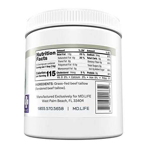 MD. Life Beef Tallow for Cooking - Food Grade Grass Fed Beef Tallow for Cooking Oil Replacement - 16 Onces - Pasture Raised Keto Friendly Beef Tallow- Used to Make Candles & Soap