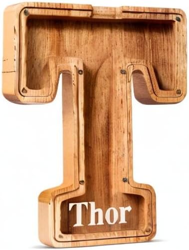 Summidate Customized Name Large Wooden Piggy Bank for Kids Boys Girls Alphabets Letter A-Z Coins Bills Money Change Bank Box Initial on Clear Cover (Laser Engraved) (Alphabet-T, Personalized-9")