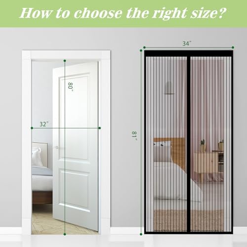 Magnetic Screen Door - Fit Door Size 32 x 80 Inch, Black Heavy Duty Mesh Curtain with Magnetic Closure, Bug Screen for Doorway, Pet Friendly Temporary Patio Door Screen (Screen Size 34"x81")