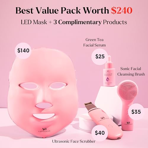 LED Face Mask Light Therapy Premium Spa Kit (4 Pcs) - With Ultrasonic Scrubber, Ultrasonic Brush & Green Tea Serum - 7 Colors (Blue & Red) Light Therapy Mask -Spa Light Therapy Facial For Rejuvenation
