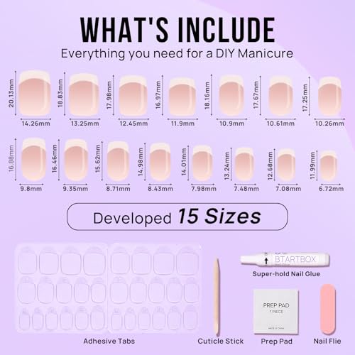 BTArtbox Press on Nails Square - French Tip Press On Nails Short, Seamless Fit Glue on Nails for Nail Art Manicure, 15 Sizes, French Girl