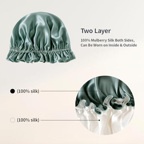 ZIMASILK 100% Mulberry Silk Bonnet for Women Hair Care, Double Layered, Silk Hair Wrap for Sleeping with Elastic Stay On Head (1Pc, Greyish Green+Ivory)