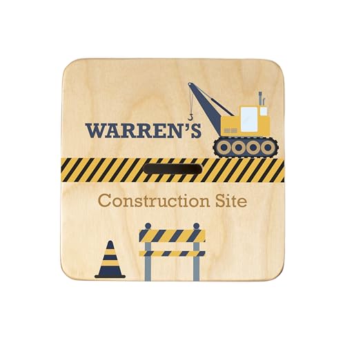 Wooden Piggy Bank for Kids and Adults, Personalized Gift Handmade in USA by BloomOwl, Custom Piggy Bank, Personalized Banks for Kids, Gifts for Baby Boys and Girls (Construction- Navy)