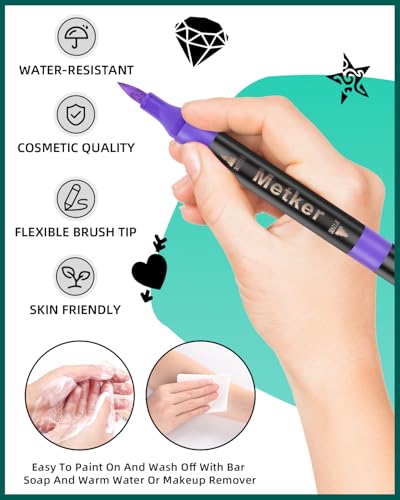 Temporary Tattoo Markers for Skin | Dual-End 16-Count Body Markers + 77 Large Tattoo Stencils | Temporary tattoos for Adults and Kids | Flexible Brush Tip, Bright colors, Skin-Safe*, Cosmetic-Grade