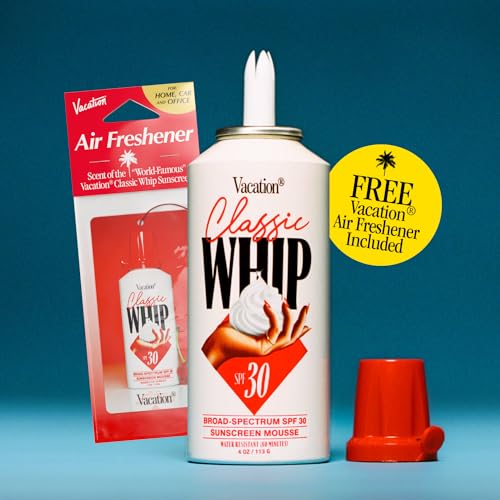 Vacation Classic Whip SPF 30 & Air Freshener Bundle, Whipped Sunscreen Mousse, Water-Resistant, Hydrating, "Lighter-Than-Air" Feel, Dermatologist-Tested, Vegan, 4 Oz.