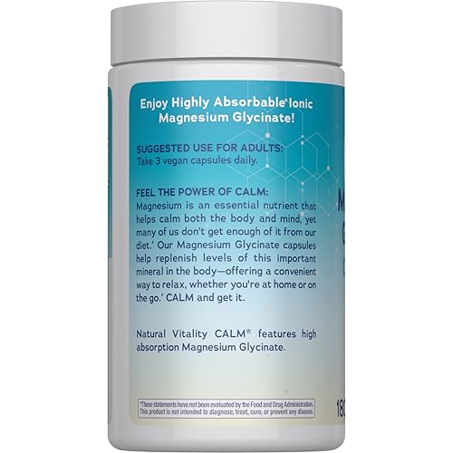 Natural Vitality Calm, Magnesium Glycinate Supports Bone, Muscle, Heart, & Nerve Health, Non-GMO, Vegan, Gluten Free 180ct