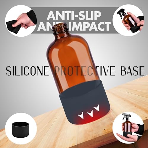 16oz Empty Glass Spray Bottle with Silicone Sleeve Protection - Refillable Containers for Cleaning Solutions, Essential Oils, Misting Plants - Including 3 Sprayers (Amber, 2 PACK)