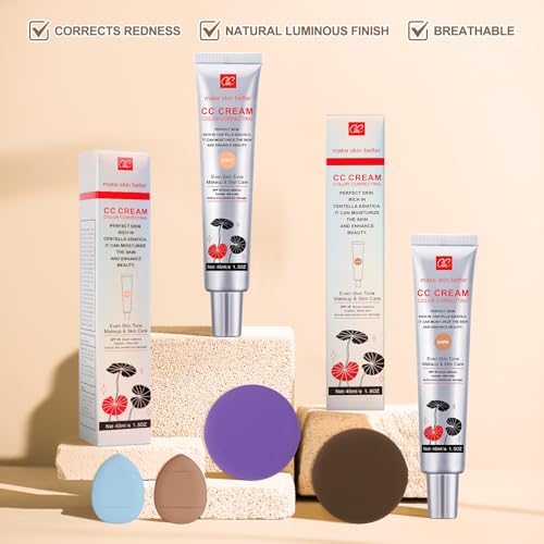 2 PCS Color Correcting CC Cream with Powder Puff 【SPF 25】, Light & Hydrating CC Cream Foundation with Centella Asiatica, Multi-Purpose for Even Skin Tone, Refine Skin Texture, SPF Protection (Light*2)