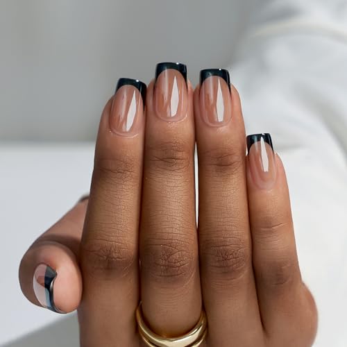 BTArtbox Press on Nails Short Square - Black Chrome French Tip Press On Nails, Glazed Glue On Nails for Women Gifts, Natural Stick On Nails in 15 Sizes - 30 Fake Nails Kit, Braveheart