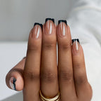 BTArtbox Press on Nails Short Square - Black Chrome French Tip Press On Nails, Glazed Glue On Nails for Women Gifts, Natural Stick On Nails in 15 Sizes - 30 Fake Nails Kit, Braveheart