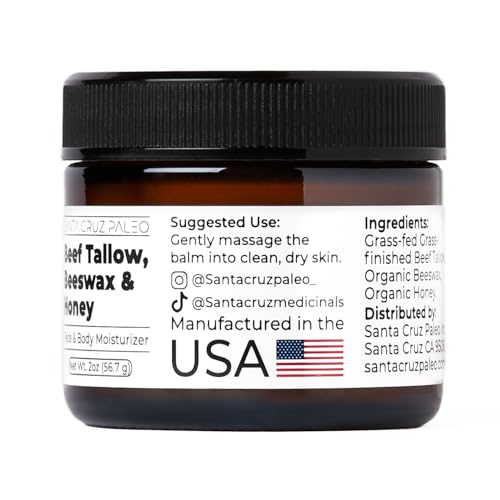 Santa Cruz Paleo Beef Tallow for Skin, Grass Finished & Grass Fed Beef Tallow and Honey Balm Body & Face Moisturizer, Organic Beeswax and Organic Honey, Light Scent, Moisturizing Natural Formula, 2 Oz