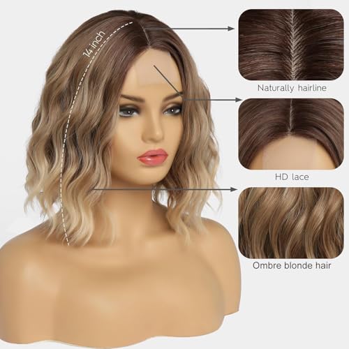 Short Ombre Blonde Wavy Wig for Women 14 Inch Shoulder Length Middle Part Curly Wavy Bob Wig Natural Looking Synthetic Heat Resistant Fiber Wig for Daily Party Use