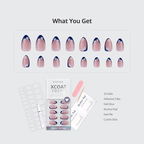 BTArtbox Press On Nails Short - Lamp-Curable Blue French Tip Almond Press On Nails with Glue for Women, Semi-Transparent Soft Gel Glue On Nails in 16 Sizes - 32 Stick On Nails Kit, Blue Blossom