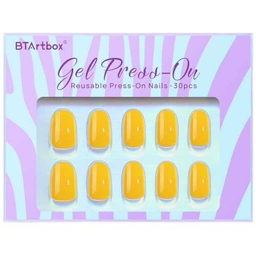 BTArtbox Press On Nails Short - Spring Press on Nails Oval, Yellow Fake Nails with Nail Glue, Natural Reusable Glue On Nails in 16 Sizes Nail Kit, Autumn Sunshine