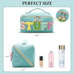 Stoney Clover Preppy Makeup Bag, Large Capacity Travel Cosmetic Bag, Chenille Letter Open Flat Nylon Bag, Mint