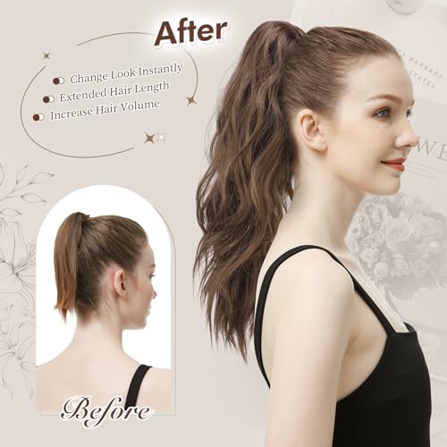 FESHFEN Ponytail Extensions, Long Claw Clip in Ponytail Hairpiece Synthetic Pony Tails Hair Piece Natural Wavy Hairpieces for Women, 20 inch Brown Mixed Honey Blonde
