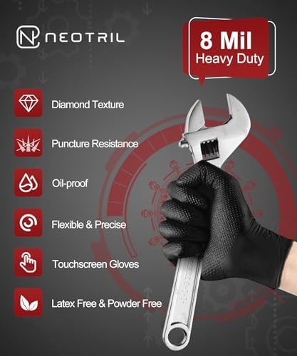 8 Mil Heavy Duty Disposable Nitrile Gloves with Diamond Texture Grip Rubber Gloves Latex & Powder Free