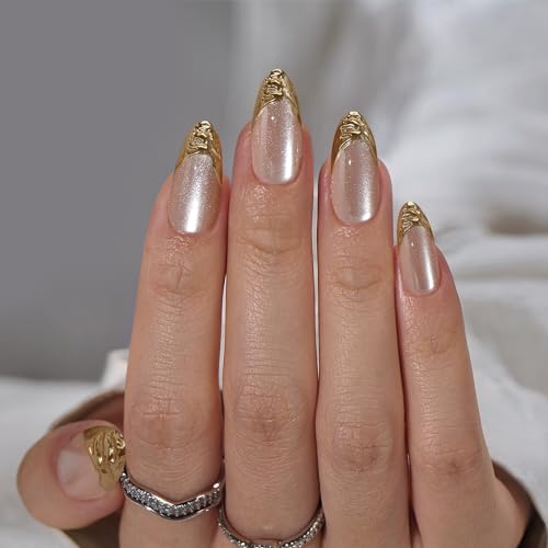 BTArtbox Press On Nails Almond - French Tip Press On Nails with 3D Sculpting Metallic Design, Medium Glue On Nails in 15 Sizes, Steelheart