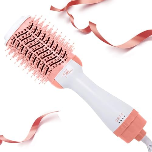 Hot Air Brush 4 in 1 Hair Dryer Brush，One Step Hair Dryer,Styler,Volumizer,Hair Curler,Negative Ion Anti-frizz Ceramic Titanium Barrel Hot Air Brush Hair Straightener Brush Pink White