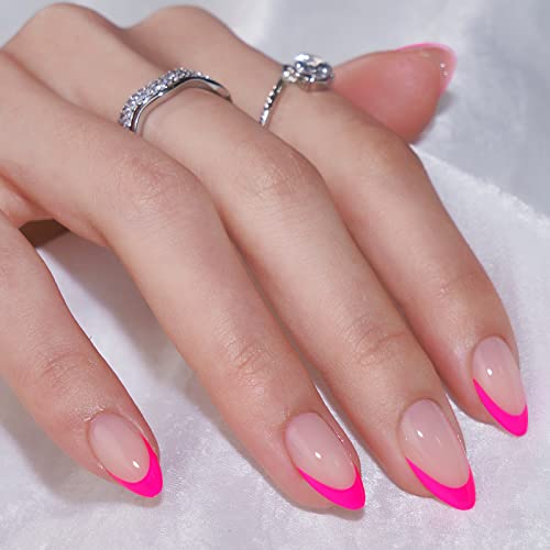 French Tip Press On Nails Almond - BTArtbox Hot Pink Press On Nails Short, Stick On Nails for Women, Glue On Nails with Nail Glue in 16 Sizes - 30 Soft Gel Fake Nails Kit, Berry French