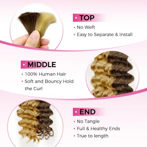 Lashey Human Braiding Hair Deep Wave 50g Bulk Human Hair for Braiding #4/27 Ash Brown Mix Honey Blonde 100% Virgin Hair Bulk No Weft Human Hair Extensions for Boho Braids 22 Inch