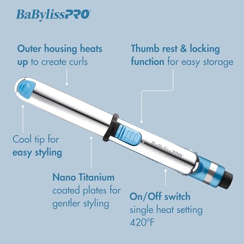 BaBylissPRO Nano Titanium Prima2000 Ionic Styling Iron, 3/4" stainless steel travel/mini iron, all hair types