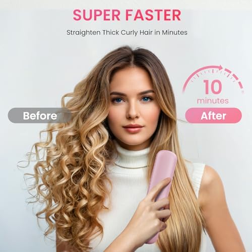 Cordless Hair Straightener Brush, Portable Mini Straightening Brush for Travel, Negative Ion Hot Comb Hair Straightener for Women, Cherry Blossoms Pink