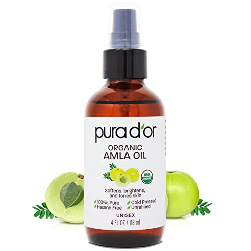 PURA D'OR 4 Oz ORGANIC Amla Oil, 100% Pure USDA Certified Premium Grade Oil, Cold Pressed, Unrefined, Extra Virgin, Indian Hair Care Oil, Hair Serum & Thickening Hair Product w/Pump for Women & Men