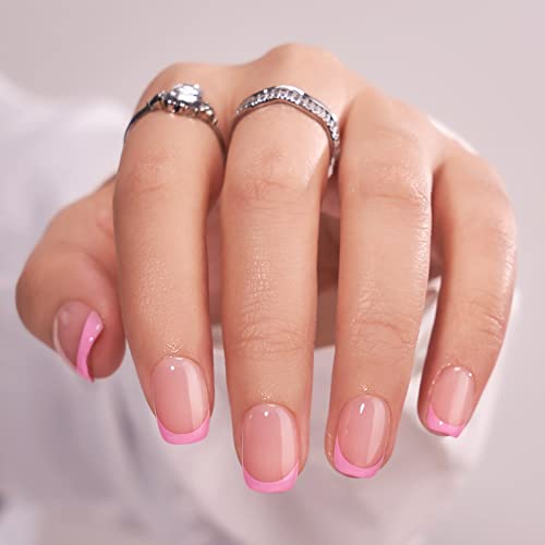 BTArtbox French Tip Press On Nails - Press on Nails Square, Pink Glue On Nails, Fit Perfectly & Natural Reusable Stick On Nails in 15 Sizes, 30 Pcs Soft Gel Kit, Dolce Pink