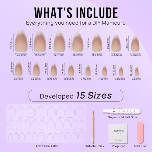 BTArtbox Press On Nails Almond - Spring Cat Eye Press On Nails Medium, French Tip Soft Gel Nails for Daily Nail Art, Fake Nail Extensions In 15 Sizes - 30 Fake Nails Kit