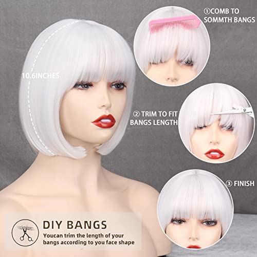 WERD Short White Bob Wig Bangs Straight White Wig for Women Natural Synthetic Short White Wig Bangs for Daily Party Cosplay Halloween
