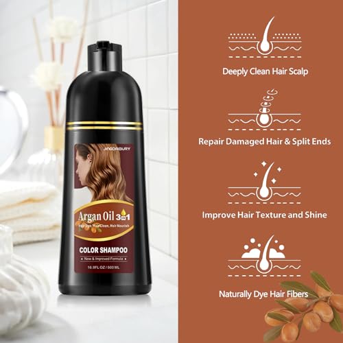 Wine Red 3 in 1 Hair Dye Shampoo Argan Oil, Easy to Use for Men & Women, 16.9 Fl Oz