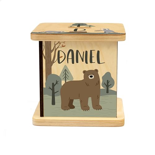 Wooden Piggy Bank for Kids and Adults, Personalized Gift Handmade in USA by BloomOwl, Custom Piggy Bank, Personalized Banks for Kids, Gifts for Baby Boys and Girls (Woodland)