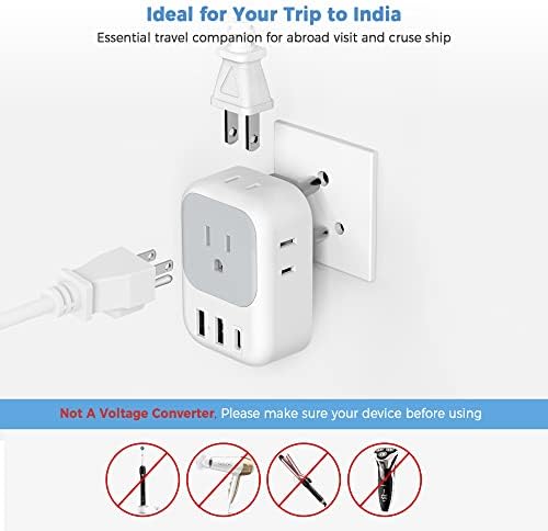 TESSAN US to India Plug Adapter, India Power Adapter with 4 American Outlets 3 USB Charger (1 USB C Port), Type D Travel Adaptor for USA to Bangladesh Maldives Nepal Pakistan