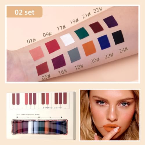 Matte Liquid Lipstick Set, 12 Colors Velvet Lip Glosses Kit, Waterproof Long Lasting Colored Lip Stain High Pigmented Moisturizing Black Lipstick Lip Makeup for Women Girls