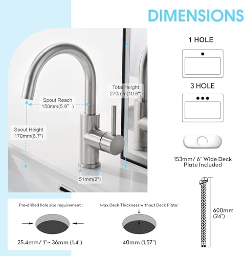 CREA Bar Sink Faucet, Bathroom Kitchen Faucet Brushed Nickel Pre Wet Small Mini Kitchen Bath Utility Marine Faucet Single Hole Stainless Steel Farmhouse Vanity Lavatory Faucets Outdoor