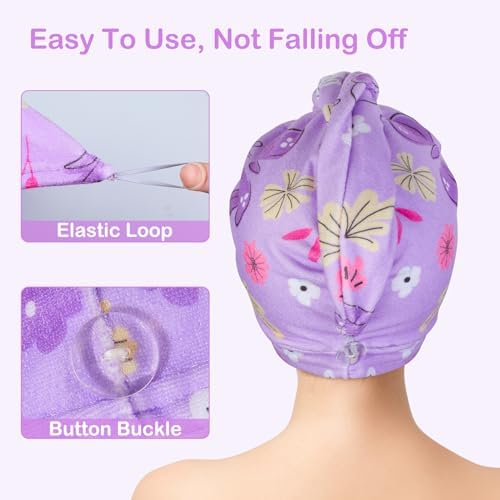 FIOBEE Microfiber Hair Towel Wrap for Kid Rapid Drying Towel Absorbent Hair Turbans for Wet Hair with Button Women Girls Long Curly Hair Pack of 2, Pink/Purple Butterfly
