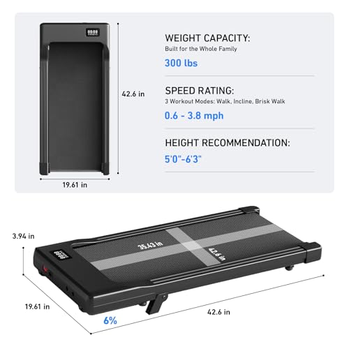 DeerRun Under Desk Walking Pad Treadmill with 6% Manual Incline, 0.6-3.8 MPH Walking Speed, 2.5 HP, 300 lb Capacity, App & Remote Control, for Home Office & Small Spaces