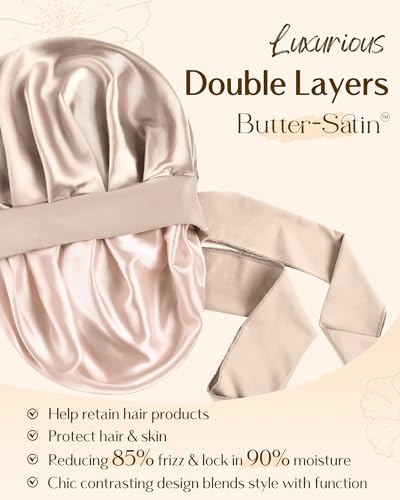 YANIBEST Double Layer Satin Silk Bonnet for Sleeping Hair Bonnet with Elastic Tie Band for Curly Hair Wig Caps Champagne