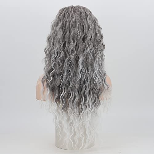 Fencca Grey Long Curly Wig Synthetic Mixed Gray Wave Curly Wigs for Women Free Part Full Curly Wig Layered Long Wavy Grey Wig