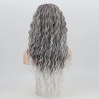 Fencca Grey Long Curly Wig Synthetic Mixed Gray Wave Curly Wigs for Women Free Part Full Curly Wig Layered Long Wavy Grey Wig