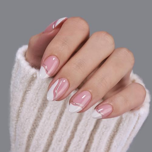 BTArtbox Press On Nails Almond - Swirl French Tip Press On Nails Short for Gifts, Nail Tips, Pink Fake Nail with Glue, Glue On Nails in 16 Sizes - 30 Nail Kit, Tiny Silver