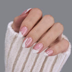 BTArtbox Press On Nails Almond - Swirl French Tip Press On Nails Short for Gifts, Nail Tips, Pink Fake Nail with Glue, Glue On Nails in 16 Sizes - 30 Nail Kit, Tiny Silver