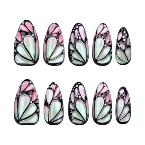 3D Butterfly Wings Press on Nails Green Gradient False Nails Black Curve Line Gel Glue on Nails Medium Almond Glossy Pink Ombre Acrylic Fake Nails Sparkly Powder Stick on Nail for Coquette Women 24Pcs