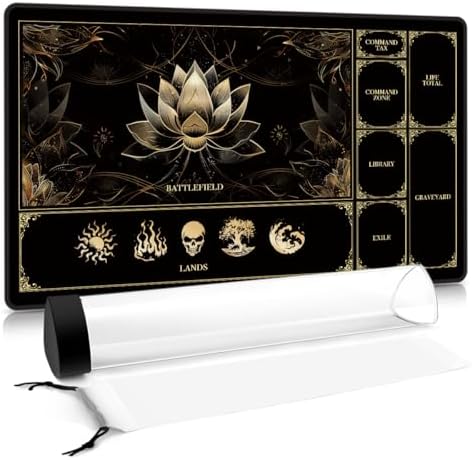 MTG Playmat with Play Zones – Magic Play mat Card Game Mat for Magic The Gathering, Lotus & Basic Lands Design, 24x14 inch, Stitched Edge, Non-Slip Base with Prismatic Playmat Tube-Gold Lotus