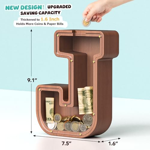 Summidate Wooden Letter Piggy Bank, Extra Thick Large Capacity Piggy Bank for Kids Boys Girls Toddler, Alphabet J Money Bank| Coin Box Birthday, Christmas, Festival